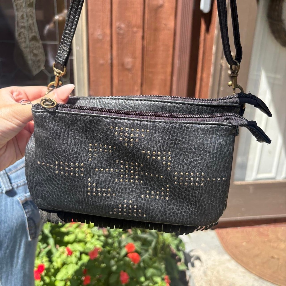y2k 2000s boho western mudd black studded fringe crossbody shoulder bag